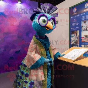 nan Peacock mascot costume character dressed with a Waistcoat and Eyeglasses