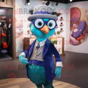 nan Peacock mascot costume character dressed with a Waistcoat and Eyeglasses