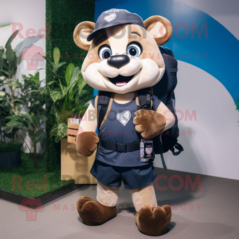 Navy Heart mascot costume character dressed with a Cargo Shorts and Backpacks Navy Heart mascot costume character dressed with a Cargo Shorts and Backpacks