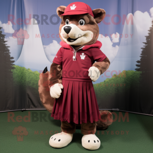 Maroon Wolf mascot costume character dressed with a Skirt and Berets