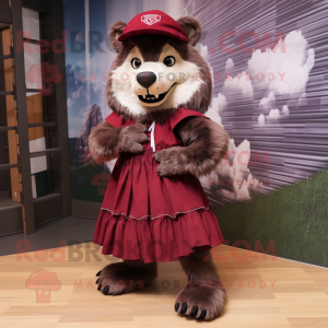 Maroon Wolf mascot costume character dressed with a Skirt and Berets