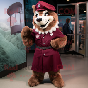 Maroon Wolf mascot costume character dressed with a Skirt and Berets