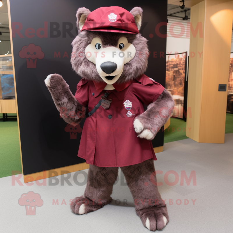 Maroon Wolf mascot costume character dressed with a Skirt and Berets Maroon Wolf mascot costume character dressed with a Skirt and Berets