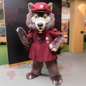 Maroon Wolf mascot costume character dressed with a Skirt and Berets