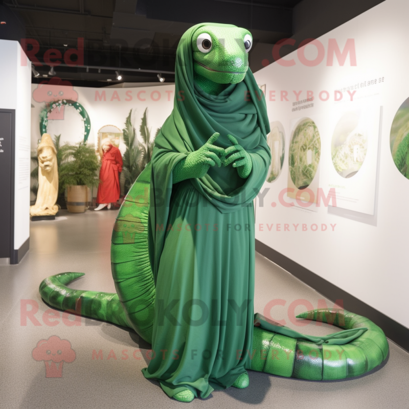 Forest Green Titanoboa mascot costume character dressed with a Wrap Dress and Shawls