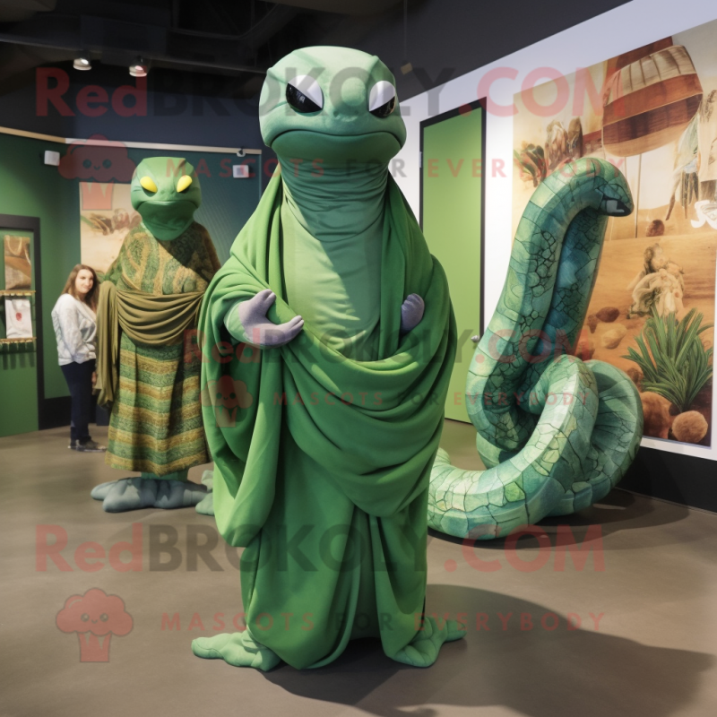 Forest Green Titanoboa mascot costume character dressed with a Wrap Dress and Shawls