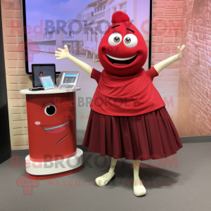 Maroon Spaghetti mascot costume character dressed with a A-Line Skirt and Wallets