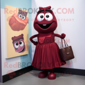 Maroon Spaghetti mascot costume character dressed with a A-Line Skirt and Wallets