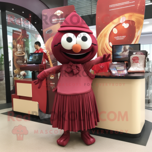 Maroon Spaghetti mascot costume character dressed with a A-Line Skirt and Wallets