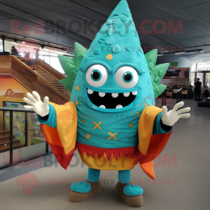 Turquoise Nachos mascot costume character dressed with a Coat and Foot pads