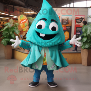 Turquoise Nachos mascot costume character dressed with a Coat and Foot pads