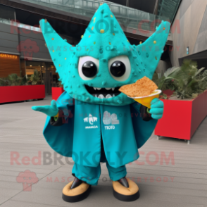 Turquoise Nachos mascot costume character dressed with a Coat and Foot pads