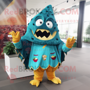 Turquoise Nachos mascot costume character dressed with a Coat and Foot pads