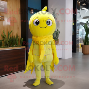 Lemon Yellow Candy mascot costume character dressed with a Skinny Jeans and Scarf clips