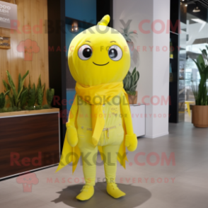 Lemon Yellow Candy mascot costume character dressed with a Skinny Jeans and Scarf clips