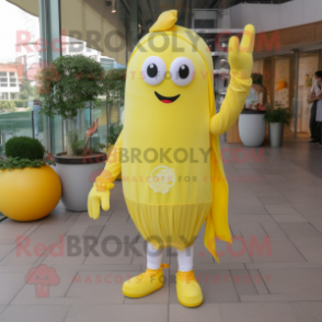 Lemon Yellow Candy mascot costume character dressed with a Skinny Jeans and Scarf clips