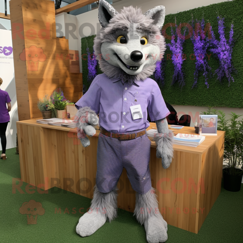 Lavender Wolf mascot costume character dressed with a Oxford Shirt and Cufflinks