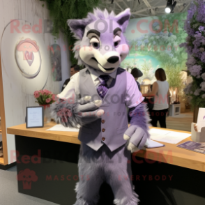 Lavender Wolf mascot costume character dressed with a Oxford Shirt and Cufflinks