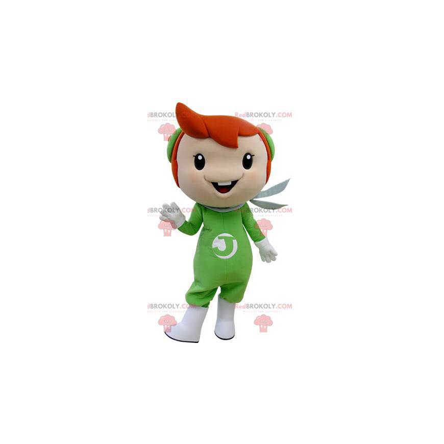 Mascotte de garçon aux cheveux roux habillé en vert -