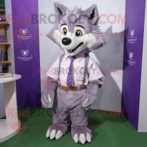Lavender Wolf mascot costume character dressed with a Oxford Shirt and Cufflinks