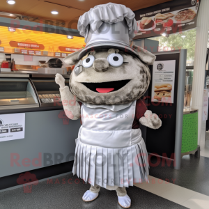 Silver Pulled Pork Sandwich mascot costume character dressed with a Skirt and Coin purses