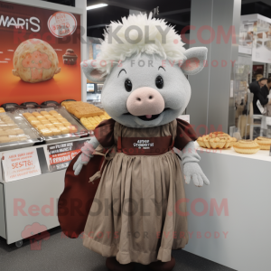 Silver Pulled Pork Sandwich mascot costume character dressed with a Skirt and Coin purses