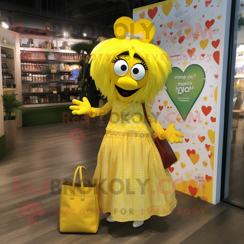 Yellow Heart mascot costume character dressed with a Maxi Skirt and Tote bags Yellow Heart mascot costume character dressed with a Maxi Skirt and Tote bags
