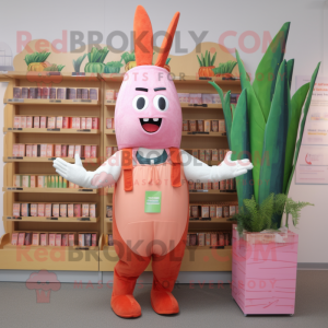 Pink Carrot mascot costume character dressed with a Oxford Shirt and Clutch bags