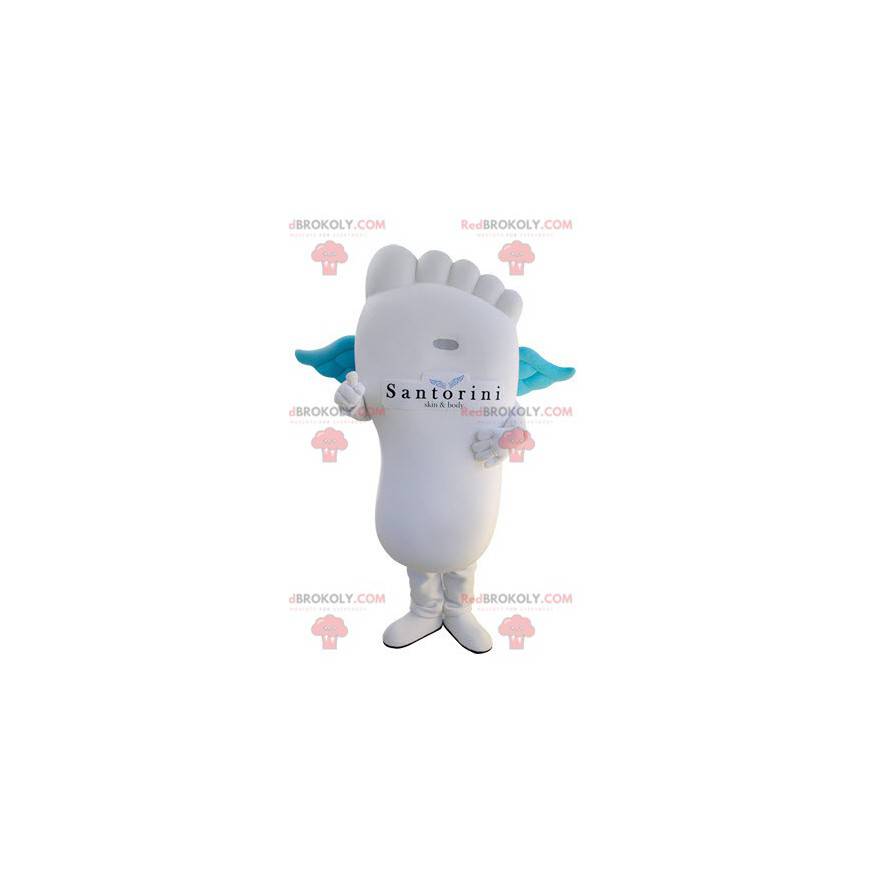 Giant white foot mascot with blue wings - Redbrokoly.com