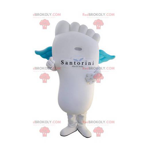 Giant white foot mascot with blue wings - Redbrokoly.com