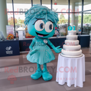 Teal Wedding Cake mascot costume character dressed with a Yoga Pants and Hair clips