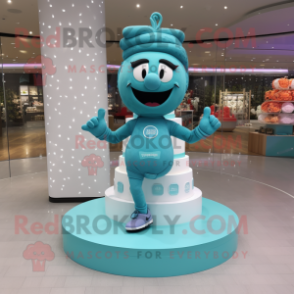 Teal Wedding Cake mascot costume character dressed with a Yoga Pants and Hair clips