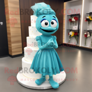 Teal Wedding Cake mascot costume character dressed with a Yoga Pants and Hair clips