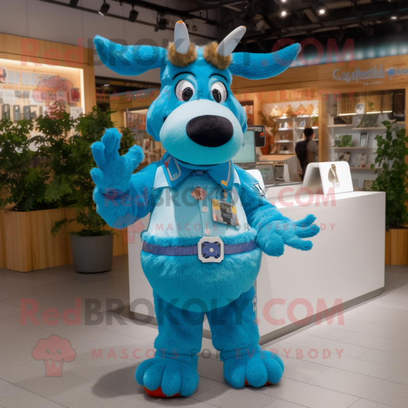 Sky Blue Moose mascot costume character dressed with a Culottes and Bracelet watches Sky Blue Moose mascot costume character dressed with a Culottes and Bracelet watches
