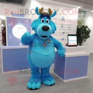 Sky Blue Moose mascot costume character dressed with a Culottes and Bracelet watches