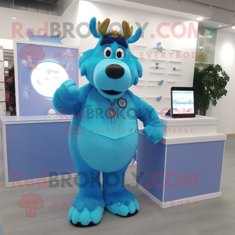 Sky Blue Moose mascot costume character dressed with a Culottes and Bracelet watches Sky Blue Moose mascot costume character dressed with a Culottes and Bracelet watches