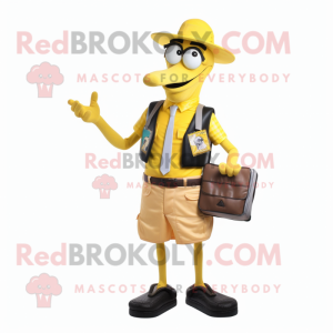 Yellow Stilt Walker mascot costume character dressed with a Vest and Wallets