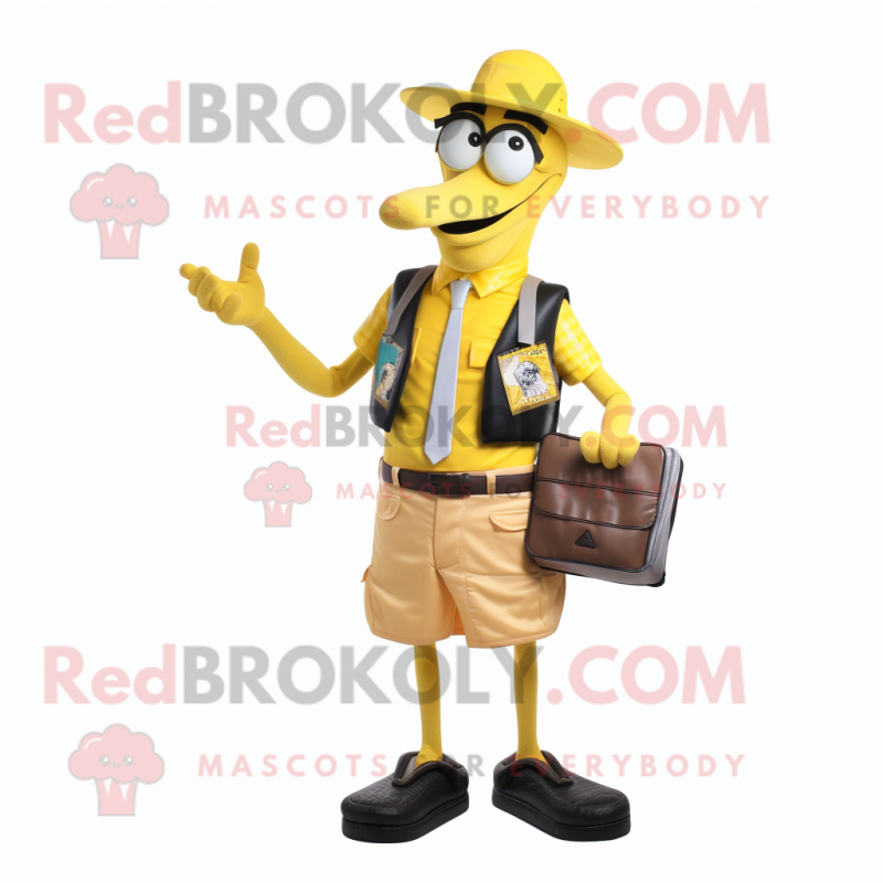 Yellow Stilt Walker mascot costume character dressed with a Vest and Wallets Yellow Stilt Walker mascot costume character dressed with a Vest and Wallets