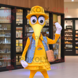 Yellow Stilt Walker mascot costume character dressed with a Vest and Wallets