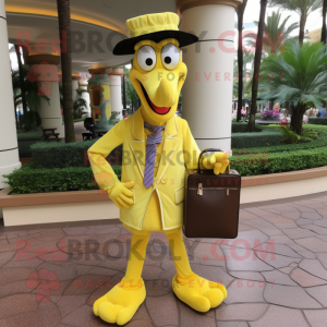 Yellow Stilt Walker mascot costume character dressed with a Vest and Wallets