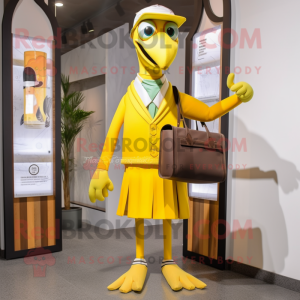 Yellow Stilt Walker mascot costume character dressed with a Vest and Wallets