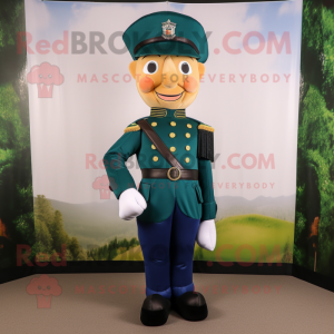 Forest Green Navy Soldier mascot costume character dressed with a Waistcoat and Shoe laces