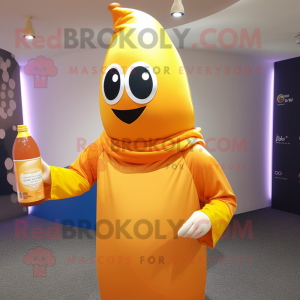 Orange Bottle Of Mustard mascot costume character dressed with a Windbreaker and Shawl pins