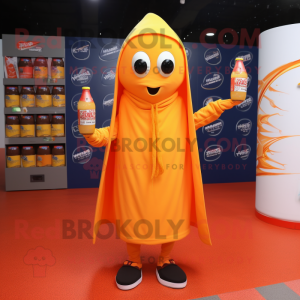 Orange Bottle Of Mustard mascot costume character dressed with a Windbreaker and Shawl pins