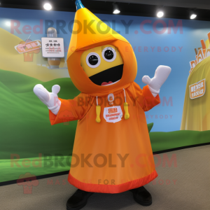 Orange Bottle Of Mustard mascot costume character dressed with a Windbreaker and Shawl pins