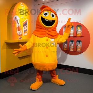 Orange Bottle Of Mustard mascot costume character dressed with a Windbreaker and Shawl pins