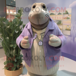 Lavender Walrus mascot costume character dressed with a Cardigan and Ties