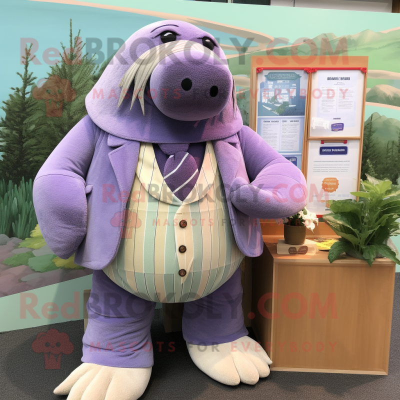 Lavender Walrus mascot costume character dressed with a Cardigan and Ties Lavender Walrus mascot costume character dressed with a Cardigan and Ties