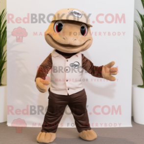 Brown Lizard mascot costume character dressed with a Capri Pants and Beanies