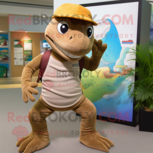 Brown Lizard mascot costume character dressed with a Capri Pants and Beanies